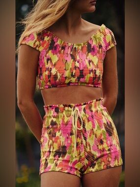 FREE PEOPLE Free-est Darcy Smocked Bikini Set, crop top-high wasted swim shorts!